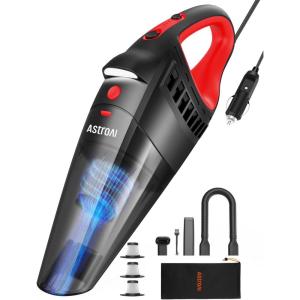 AstroAI Handheld Car Vacuum Cordless with Accessories, Portable Vacuum Cleaner with 12V DC Power, LED Light, Brush, Extended Suction Pipe, Hose, Mini Handheld for Car, Home, Office, and Pet Hair, Red(Red)