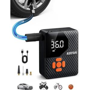 AstroAI L7 Mini Tire Inflator Portable Air Compressor,150 PSI Portable Tire Inflator for Car,Mini Bike Pump,Tire Inflator for Cars,Motorcycle,Bike,Ball with Tire Pressure Gauge&LED Lights(Orange)
