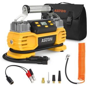 AstroAI Portable 160 PSI DC Heavy Duty Tire Inflator Pump Auto Shutoff with Screen, Dual Cylinders & Dual Motors, 12V Air Compressor for SUVs, RVs, ORVs, Cars, Air Mattresses, etc. Yellow(NO AC)(Yellow)