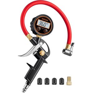 AstroAI T1 Digital Tire Pressure Gauge with Inflator, 3-250 PSI Air Chuck with Pressure Gauge, Heavy Duty with Quick Connect Coupler, Calibrated to ANSI B40.7 Grade 2A(Red)