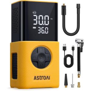 AstroAI Tire Inflator L7S Portable Air Compressor Cordless Bike Air Pump with Digital Dual Values Display, 150 PSI Car Tires Pump with LED Lights Air Pump for Auto, Motorcycles, Bikes, Balls(Yellow-Silicone)