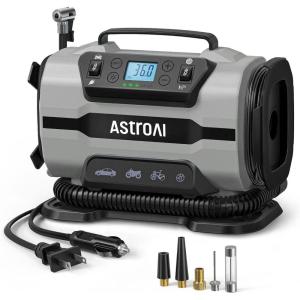 AstroAI Tire Inflator Portable Air Compressor Pump 150PSI 12V DC/110V AC with Dual Metal Motors&LED Light, Automotive Car Accessories&Two Modes for Car, Bicycle Tires and Air Mattresses, Red(Gray)