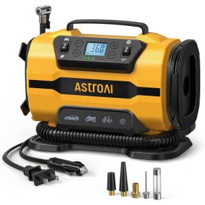 AstroAI Tire Inflator Portable Air Compressor for Car Tire Pump 150PSI 12V DC/110V AC with Dual Metal Motors &LED Light，Automotive Car Accessories&Two mode for car, and air mattresses.ATJ-8366 Yellow