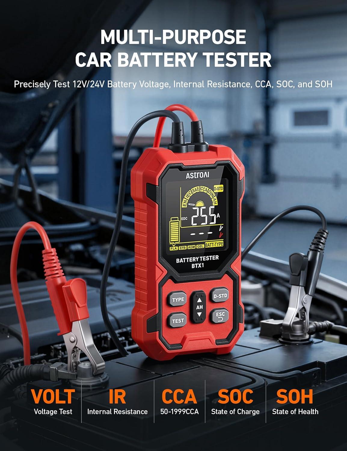 imageAstroAI Car Battery Tester 12V24V Digital Automotive Meter Diagnostic Tool1002000 CCA Load Capacity for Preventive Maintenance Truck RV Marine Vehicle and More
