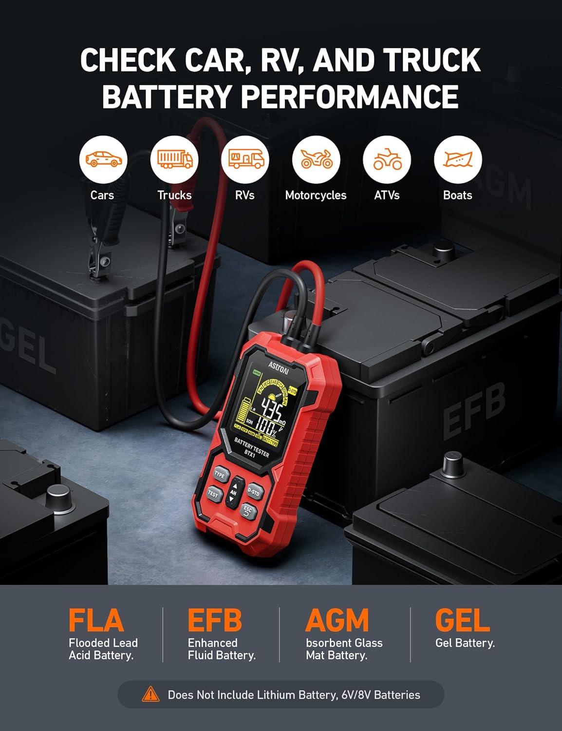 imageAstroAI Car Battery Tester 12V24V Digital Automotive Meter Diagnostic Tool1002000 CCA Load Capacity for Preventive Maintenance Truck RV Marine Vehicle and More