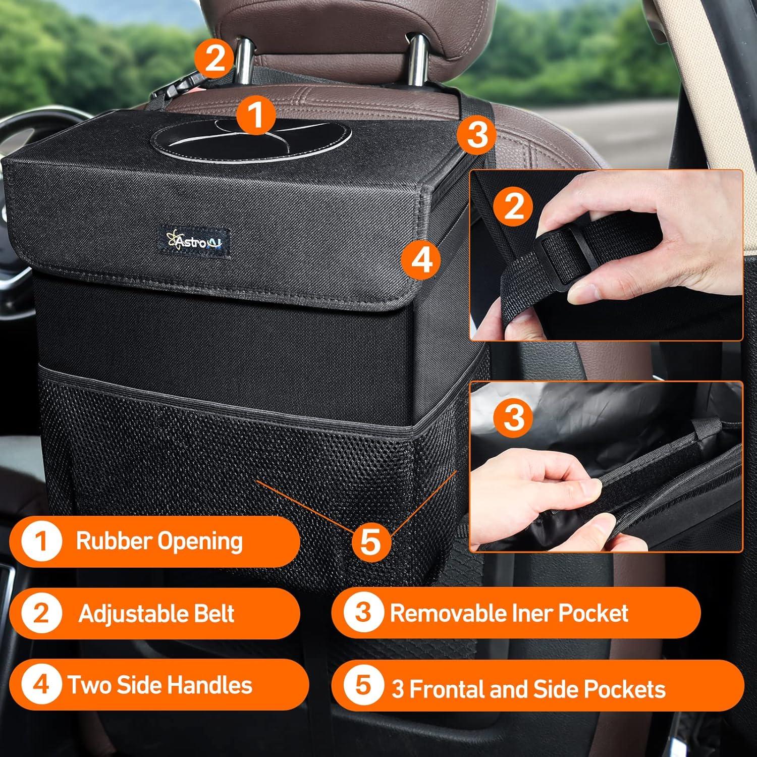 imageAstroAI Car Trash Can with Lid and Storage Pockets LeakProof Waterproof Car Garbage Can Large Opening Multipurpose Folding Trash Bin for CarLarge