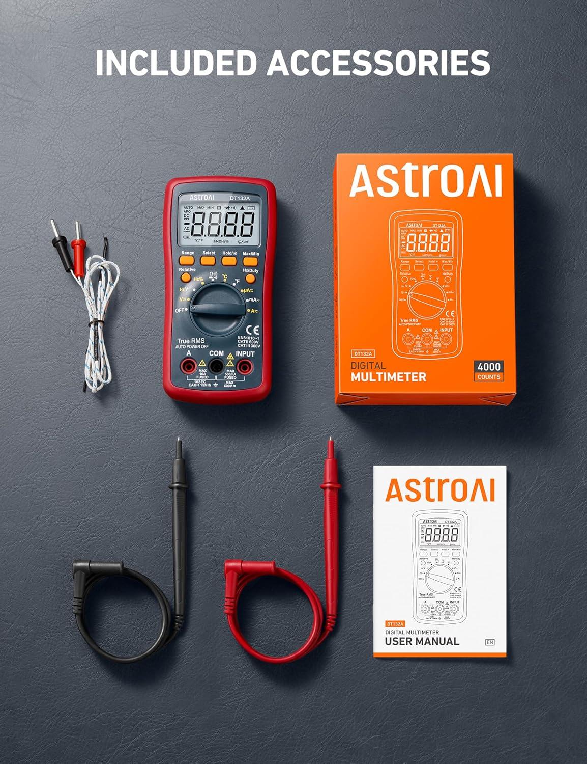 imageAstroAI Digital Multimeter TRMS 4000 Counts Volt Meter Manual and Auto Ranging Measures Voltage Tester Current Resistance Continuity Frequency Tests Diodes Temperature Red