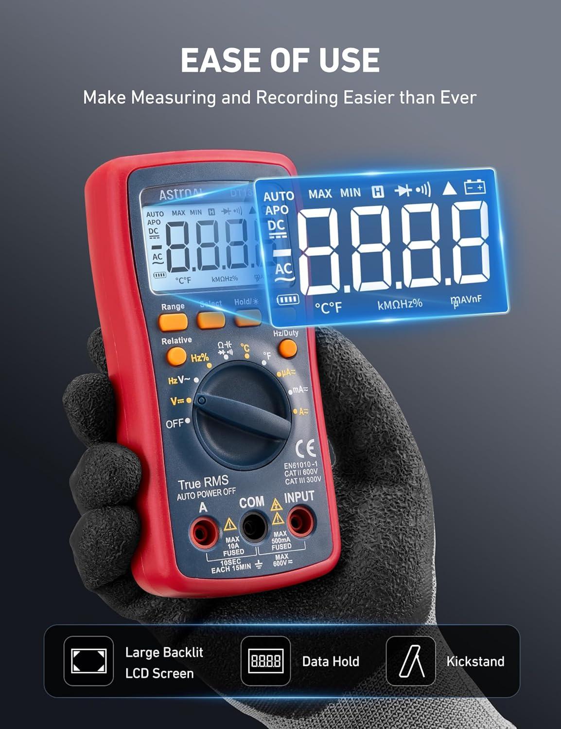 imageAstroAI Digital Multimeter TRMS 4000 Counts Volt Meter Manual and Auto Ranging Measures Voltage Tester Current Resistance Continuity Frequency Tests Diodes Temperature Red