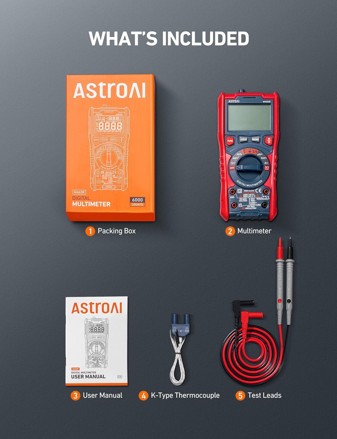 imageAstroAI Digital Multimeter TRMS 6000 Counts AutoRanging Voltage Tester Voltmeter Measuring ACDC Voltage Current Capacitance Resistance Frequency Temperature Continuity Diodes with NCV6000