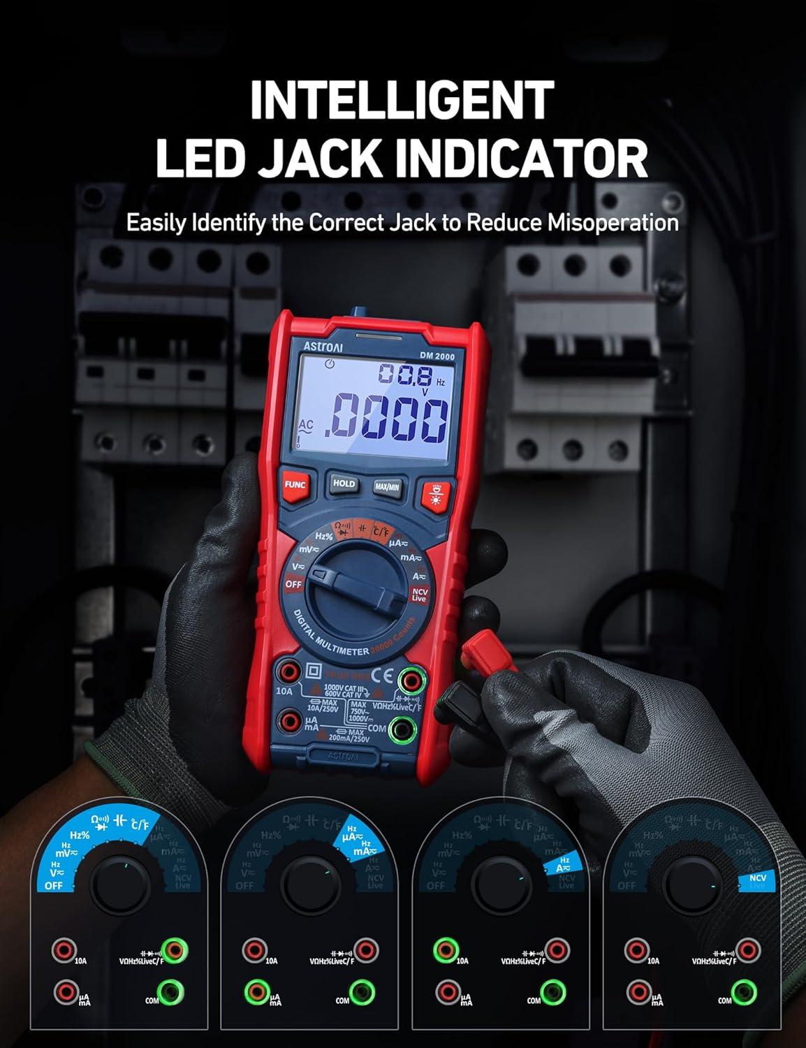 imageAstroAI Digital Multimeter Tester TRMS 20000 Counts with Higher Resolution AutoRanging Voltmeter Accurately Measures Voltage Current Resistance Diodes Continuity DutyCycle Capacitance Temperature