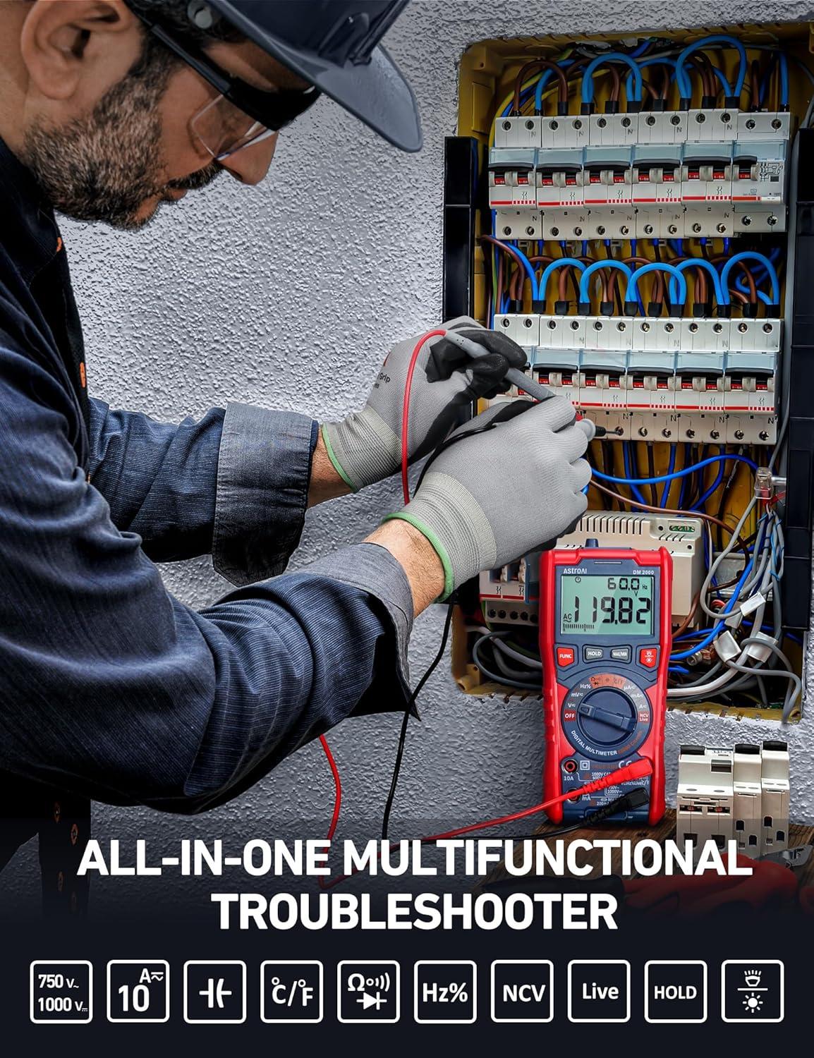 imageAstroAI Digital Multimeter Tester TRMS 20000 Counts with Higher Resolution AutoRanging Voltmeter Accurately Measures Voltage Current Resistance Diodes Continuity DutyCycle Capacitance Temperature