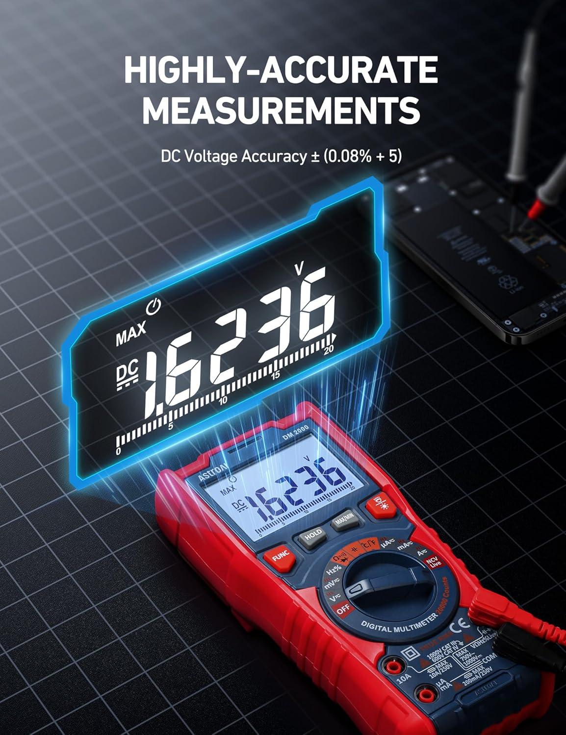 imageAstroAI Digital Multimeter Tester TRMS 20000 Counts with Higher Resolution AutoRanging Voltmeter Accurately Measures Voltage Current Resistance Diodes Continuity DutyCycle Capacitance Temperature