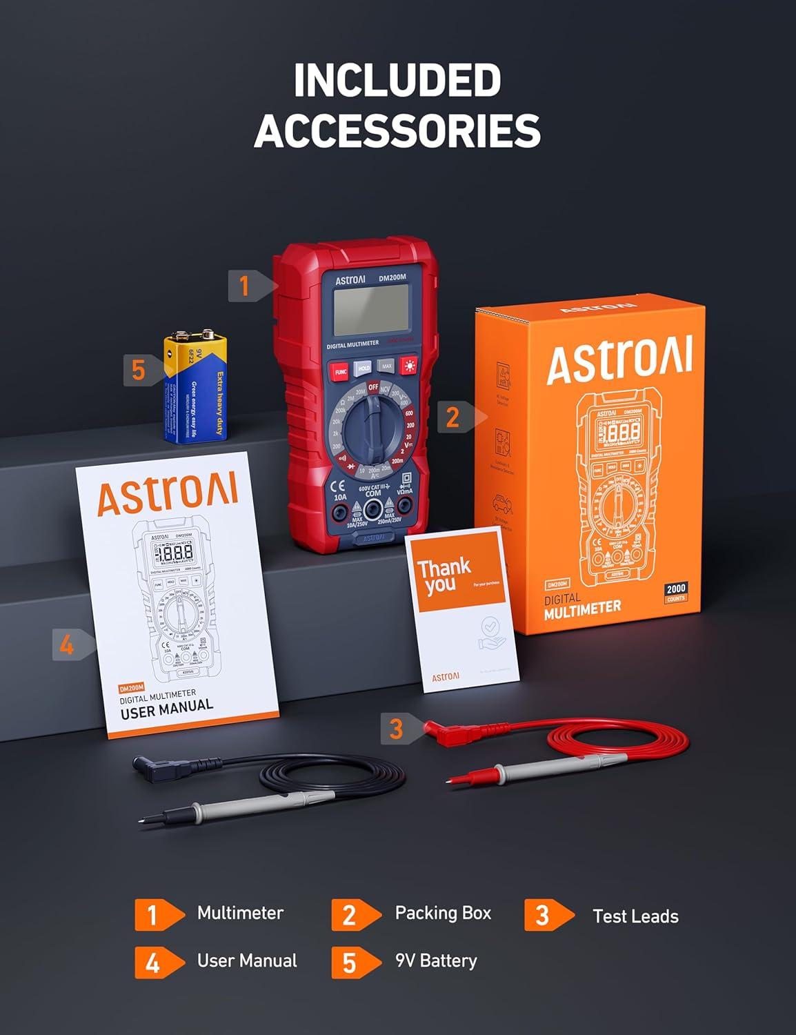 imageAstroAI Digital Multimeter Voltage Tester TRMS 2000 Counts Volt Meter Fast and Accurately Measures ACDC Voltage ampamp Current Resistance Diode Continuity and NCV DM200M