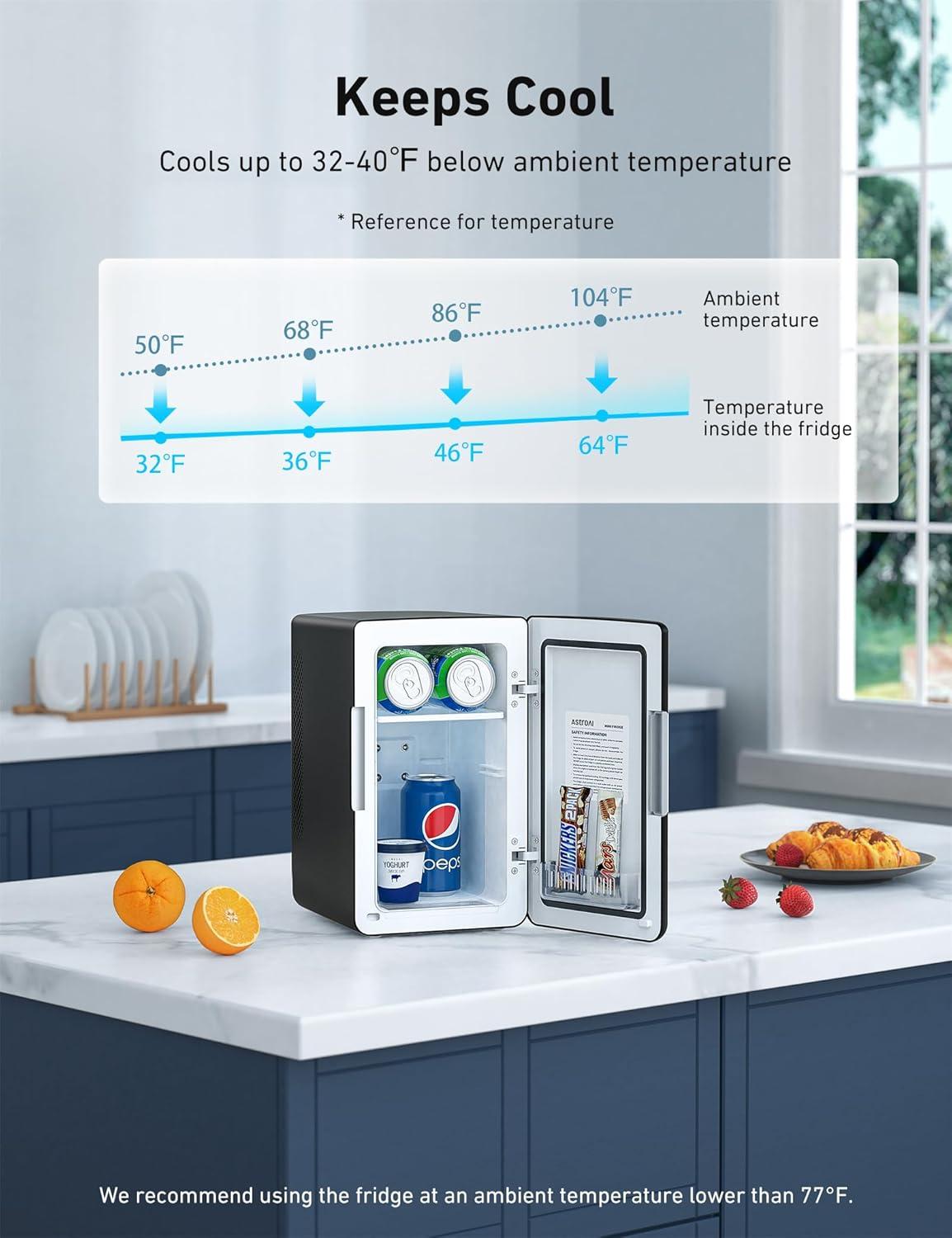 imageAstroAI Mini Fridge 20 Gen 6 Liter8 Cans Makeup Skincare Fridge 110V AC 12V DC Portable Thermoelectric Cooler and Warmer Little Tiny Fridge for Bedroom Cosmetics Dark Black