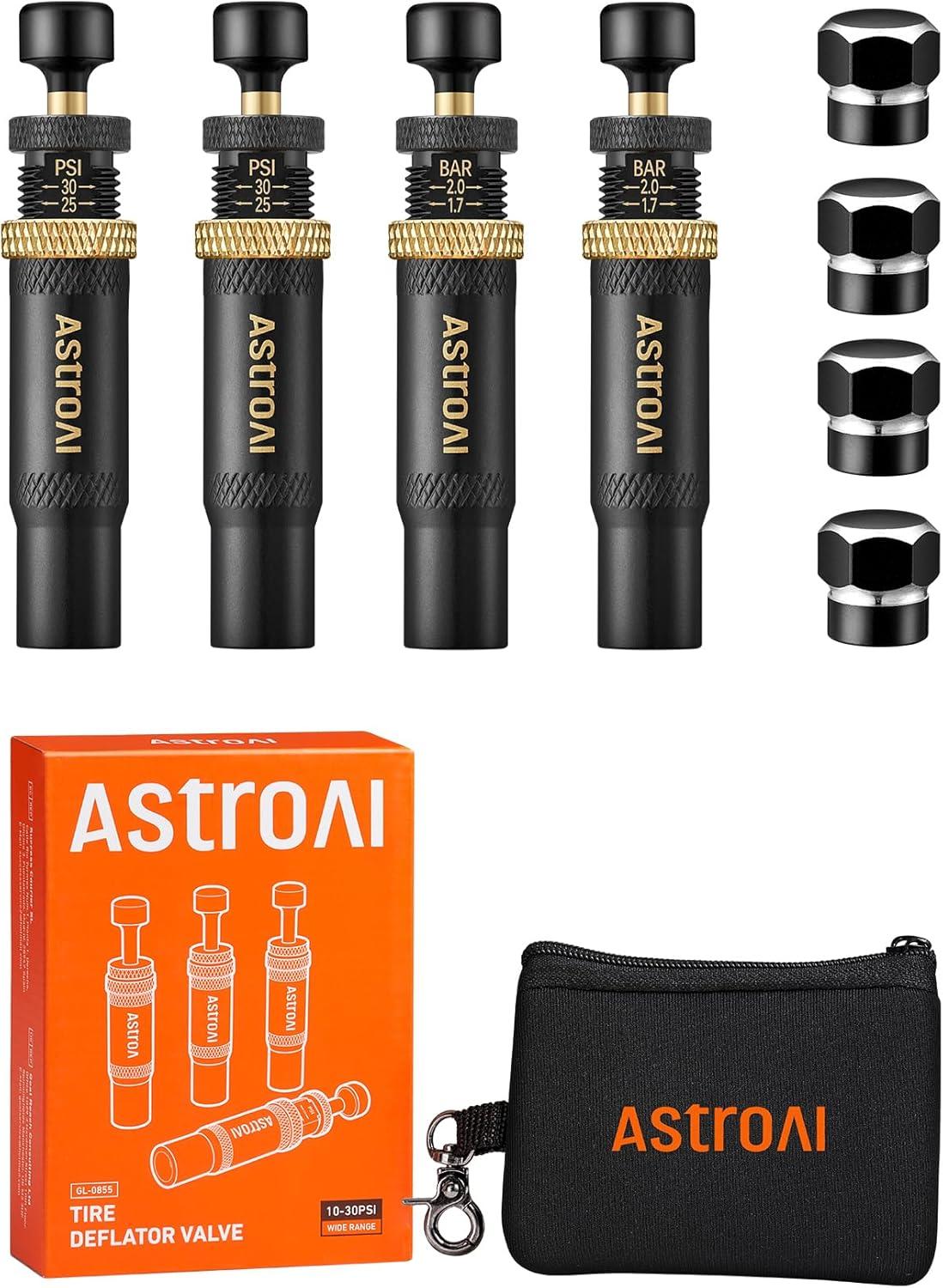 imageAstroAI Tire Deflator Kit 4Pack Automatic AntiCorrosive ScrewOn Air Down Tool Adjustable 1030 PSI for OffRoad Vehicle SUV 4x4 Includes 4 Valve Caps Zipper Closure Bag