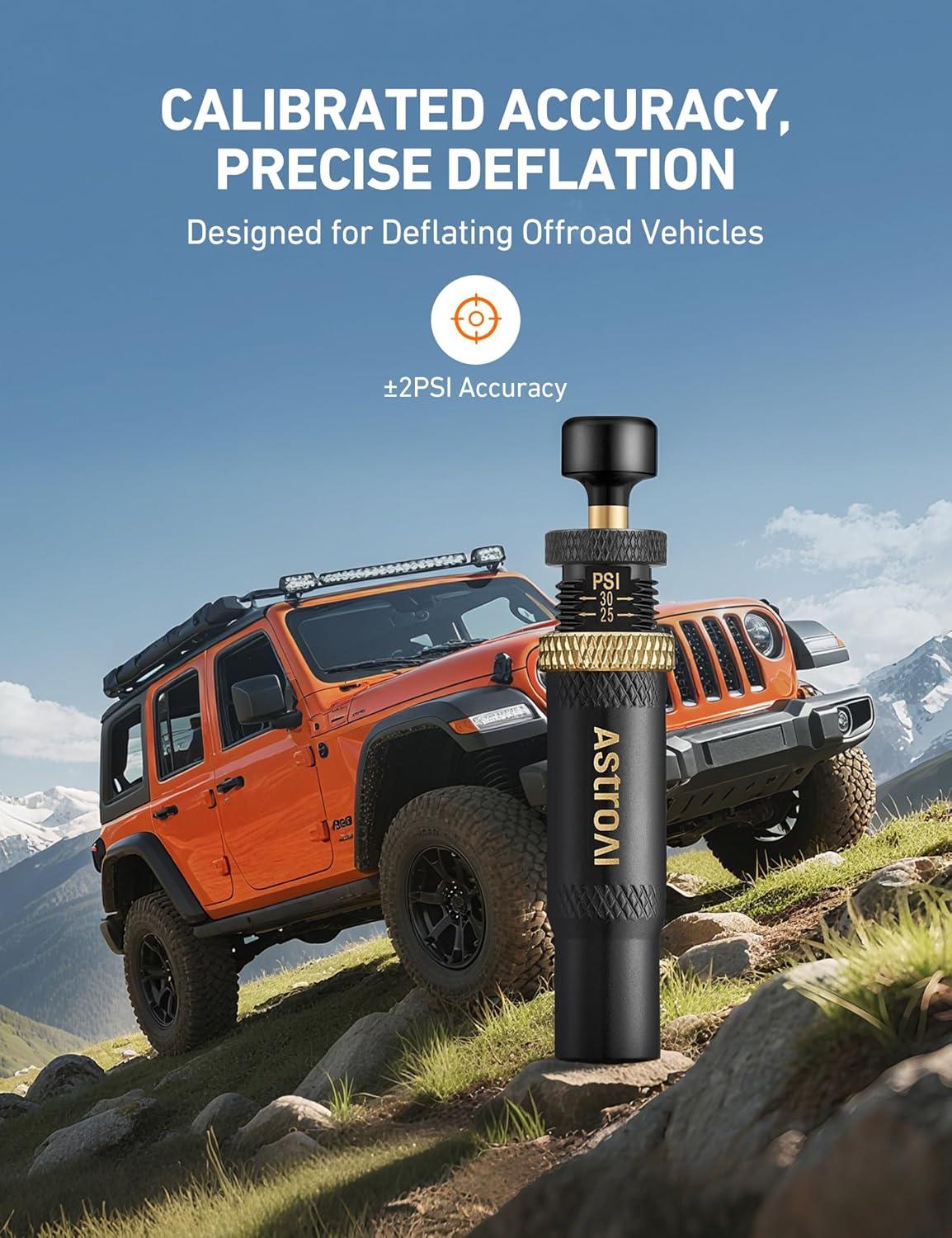 imageAstroAI Tire Deflator Kit 4Pack Automatic AntiCorrosive ScrewOn Air Down Tool Adjustable 1030 PSI for OffRoad Vehicle SUV 4x4 Includes 4 Valve Caps Zipper Closure Bag
