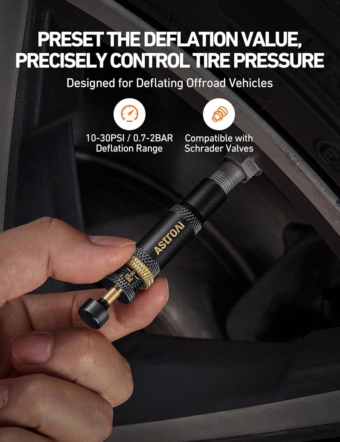 imageAstroAI Tire Deflator Kit 4Pack Automatic AntiCorrosive ScrewOn Air Down Tool Adjustable 1030 PSI for OffRoad Vehicle SUV 4x4 Includes 4 Valve Caps Zipper Closure Bag