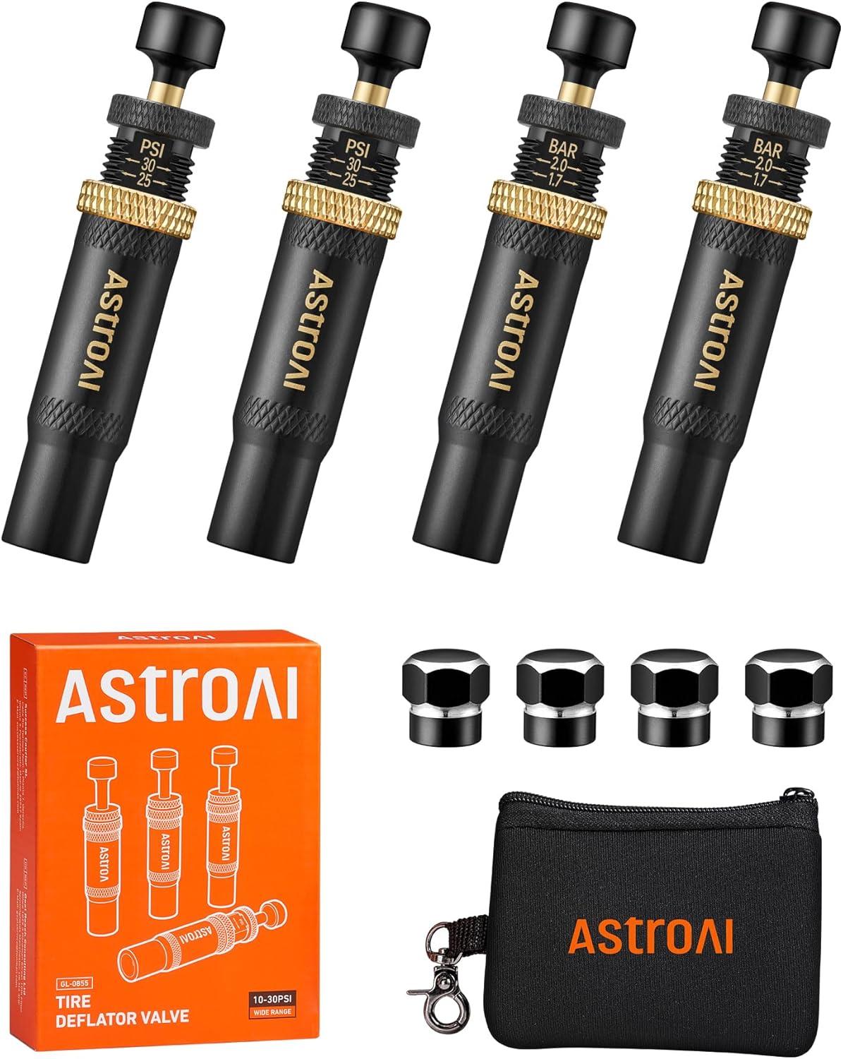 imageAstroAI Tire Deflator Kit 4Pack Automatic AntiCorrosive ScrewOn Air Down Tool Adjustable 1030 PSI for OffRoad Vehicle SUV 4x4 Includes 4 Valve Caps Zipper Closure Bag
