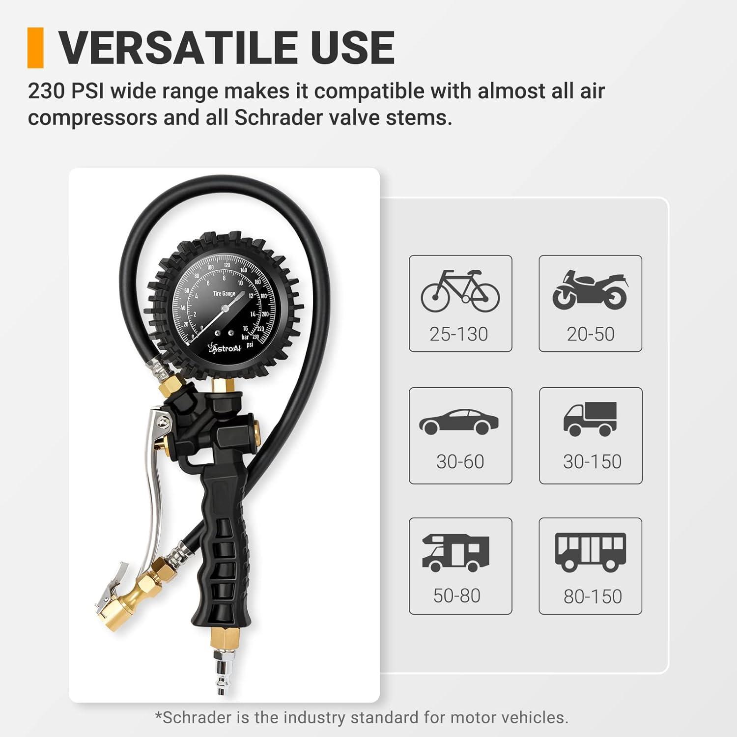 imageAstroAI Tire Pressure Gauge Tire Inflator Gauge 230 PSI Heavy Duty with 360 Rotatable Dial and Air Chuck Bike Presta Valve Adapter 4 Valve Caps Compatible with BicycleTruckSUVMotorcyleRV