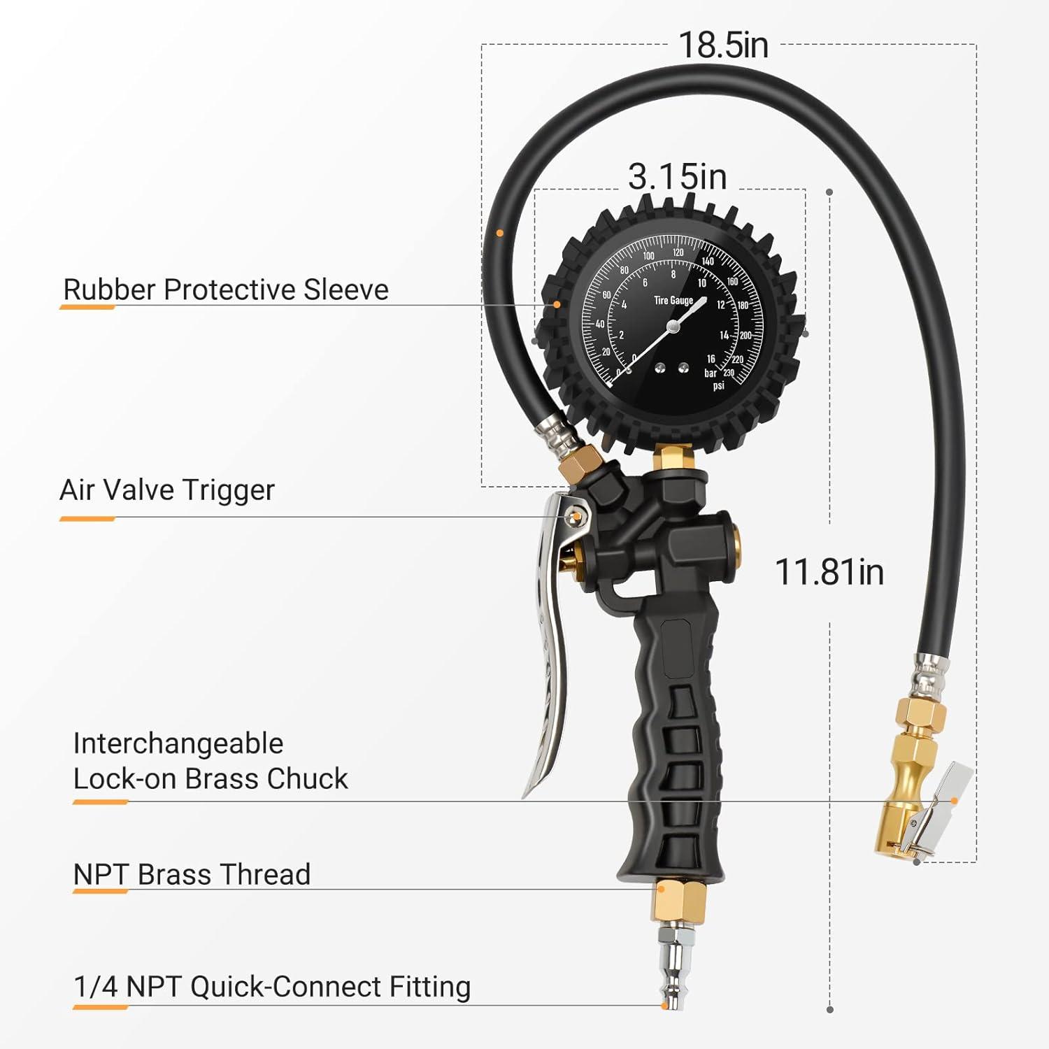 imageAstroAI Tire Pressure Gauge Tire Inflator Gauge 230 PSI Heavy Duty with 360 Rotatable Dial and Air Chuck Bike Presta Valve Adapter 4 Valve Caps Compatible with BicycleTruckSUVMotorcyleRV