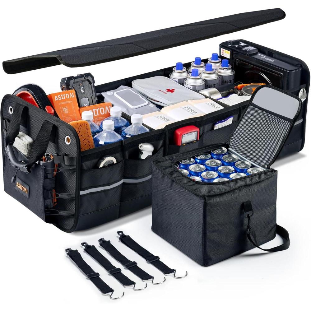 imageAstroAI Car Trunk Organizer Storage Large for SUV Truck Pickup Collapsible Trunk Organizer Portable Storage Box with Cooler Bag Foldable Cover Nylon Handles PU Bottom and PE Plate