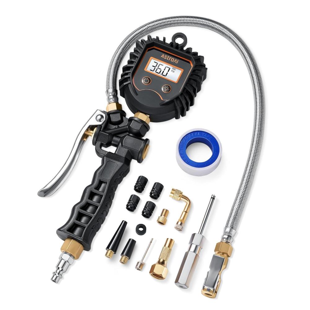 imageAstroAI Digital Tire Pressure Gauge Heavy Duty Tire Inflator Gauge 250PSI Air Chuck Compressor Accessories with Stainless Braided Hose Rotatable DialampampQuick Connect Coupler for TruckRVSUVStandard