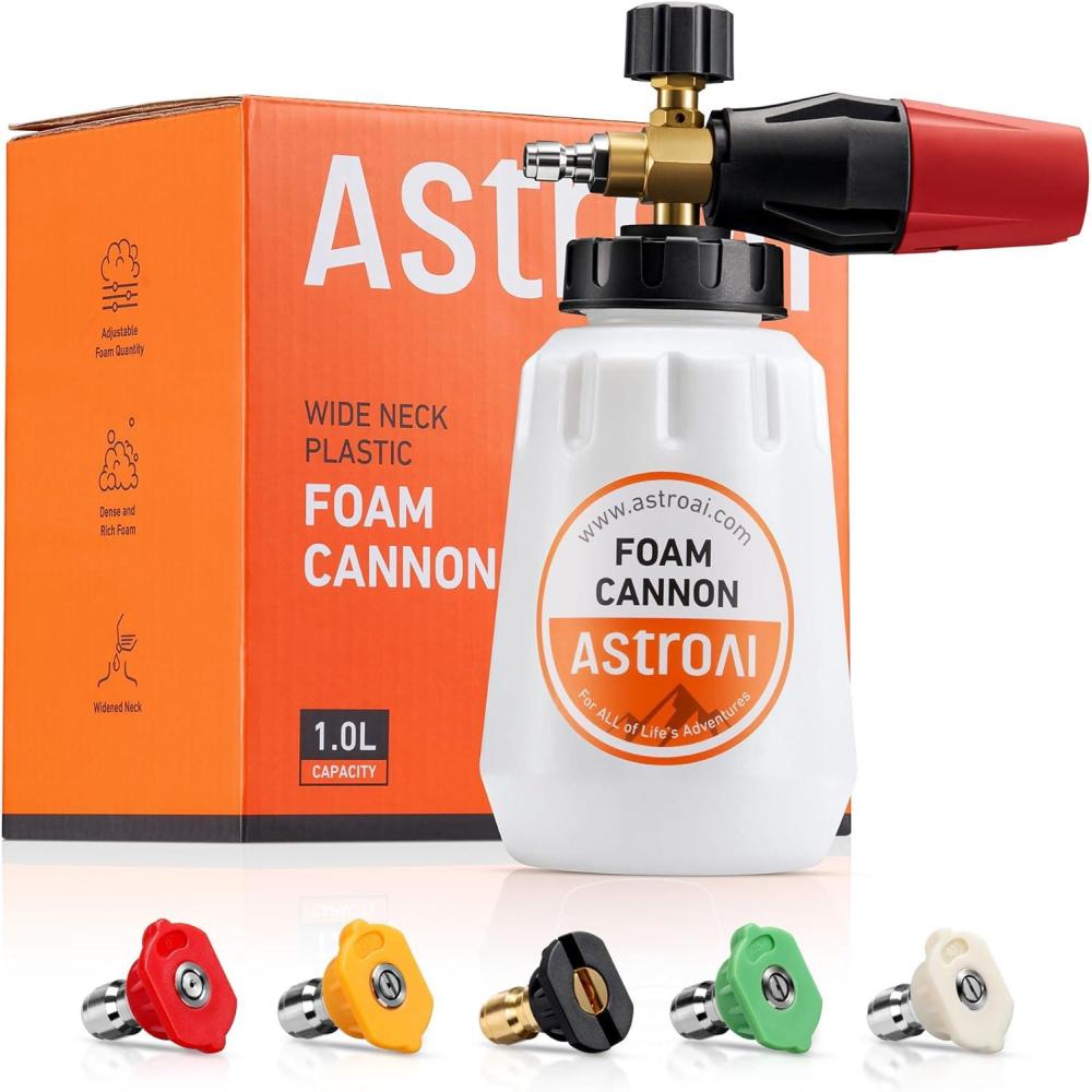 imageAstroAI Foam Cannon Heavy Duty Car Foam Blaster Wide Neck Adjustable Snow Foam Lance and Thick Foam for Pressure Washer with 14quot Quick Connector1L Bottle ampamp 5 Nozzles1 L Bottle  With 5 Nozzles