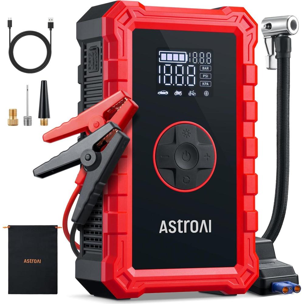 imageAstroAI Portable Jump Starter with Air Compressor 150PSI 2500A Car Battery Jump Starter Pack Up to 75L Gas ampamp 50L Diesel Engine UL Certified 12V Jump Box Car Battery with LCD Display Lights3000ARed