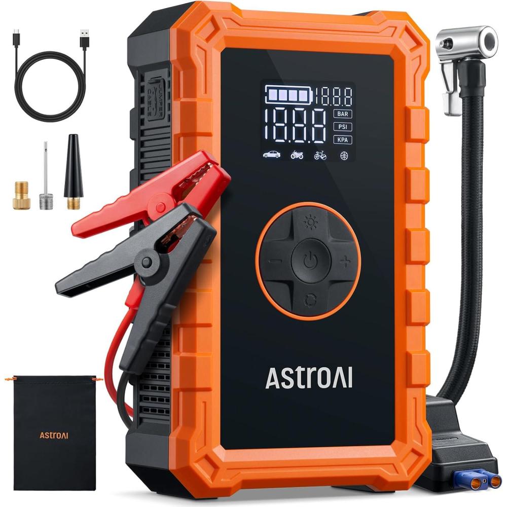 imageAstroAI Portable Jump Starter with Air Compressor 150PSI 2500A Car Battery Jump Starter Pack Up to 75L Gas ampamp 50L Diesel Engine UL Certified 12V Jump Box Car Battery with LCD Display Lights3000AOrange