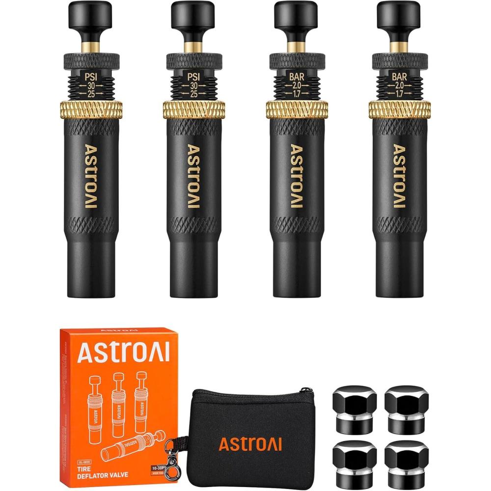 imageAstroAI Tire Deflator Kit 4Pack Automatic AntiCorrosive ScrewOn Air Down Tool Adjustable 1030 PSI for OffRoad Vehicle SUV 4x4 Includes 4 Valve Caps Zipper Closure Bag
