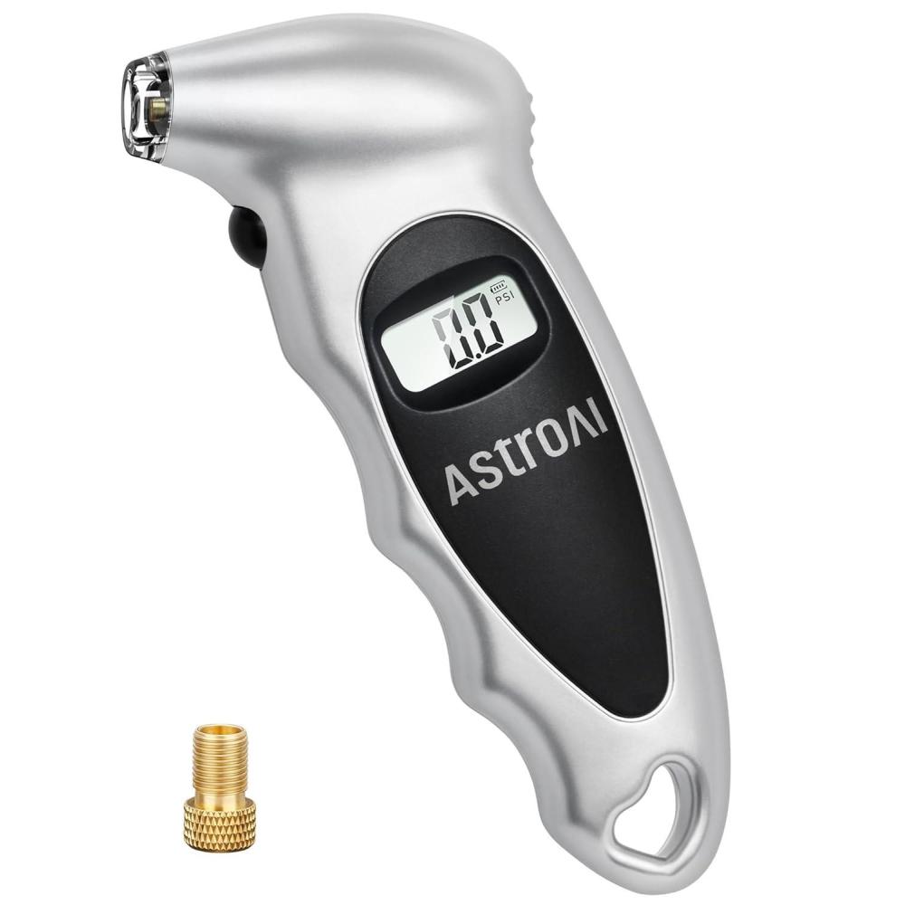 imageAstroAI Tire Pressure Gauge Digital 0150PSI Accurate in 01 Increments 4 Units Stocking Stuffers for Car Truck Bicycle with Backlight LCD and Presta Valve Adaptor Sliver 2 PackSilver