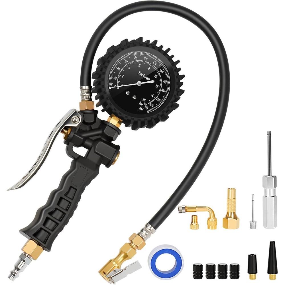 imageAstroAI Tire Pressure Gauge Tire Inflator Gauge 230 PSI Heavy Duty with 360 Rotatable Dial and Air Chuck Bike Presta Valve Adapter 4 Valve Caps Compatible with BicycleTruckSUVMotorcyleRV