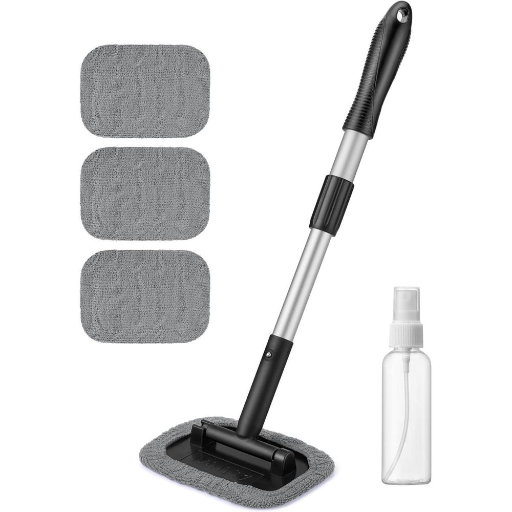 imageAstroAI Windshield Cleaner Tool Microfiber Car Window Cleaner with 4 Reusable and Washable Microfiber Pads and Extendable Handle Auto Inside Glass Wiper Kit GrayGray