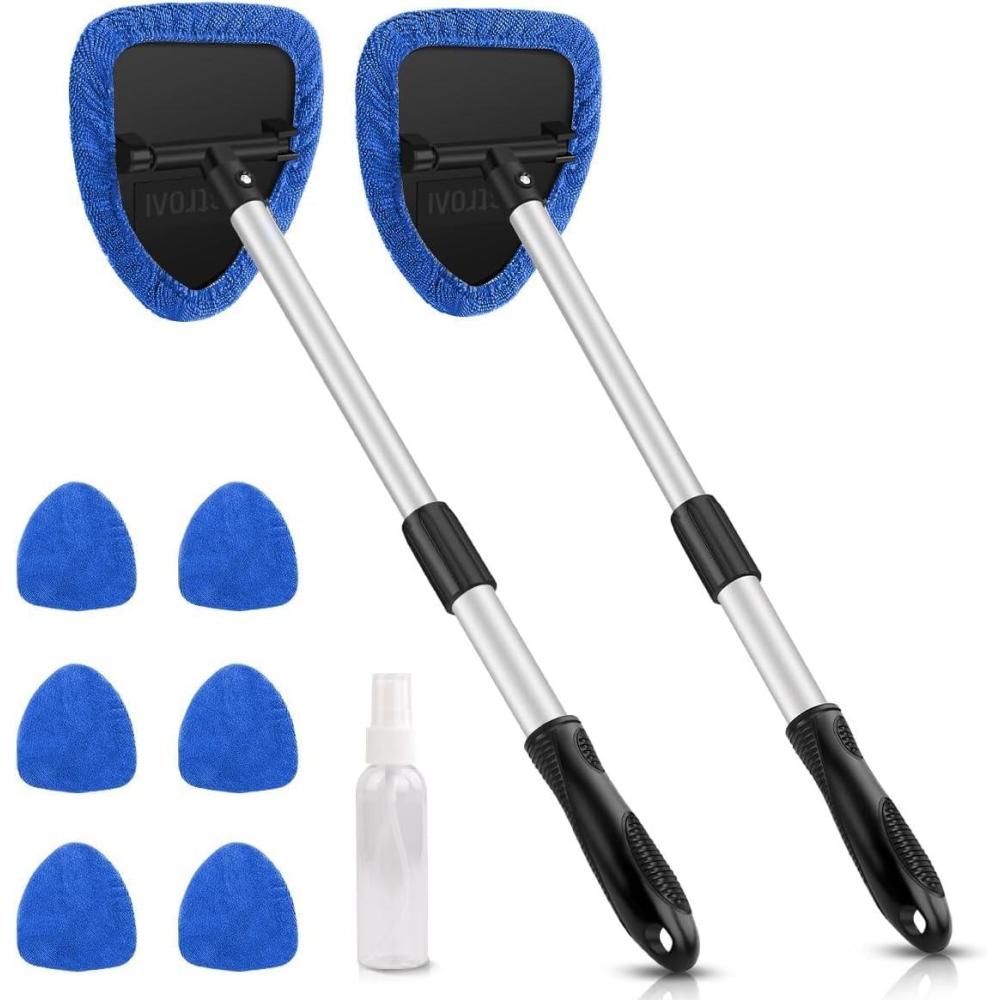imageAstroAI Windshield Cleaning Tool Car Window Cleaner Windshield Cleaner with 8 Reusable and Washable Microfiber Pads and Extendable Handle Auto Inside Glass Wiper Kit Blue 2 Pack