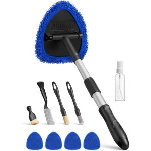 AstroAI Car Windshield Cleaner Tool, Window Cleaning Kit with 39in Car Mirror Squeegee, 4 Reusable Microfiber Pads and Extendable Handle, Blue(Blue)