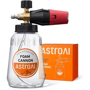 AstroAI Foam Cannon, Heavy Duty Car Foam Blaster Wide Neck Adjustable Snow Foam Lance and Thick Foam for Pressure Washer with 1/4″ Quick Connector,1L Bottle & 5 Nozzles(1 L Clear Bottle  Without Tips)