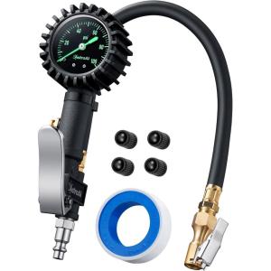 AstroAI Glow Dial Tire Inflator with Pressure Gauge 100 PSI, Heavy Duty with Large 2″ Easy Read Glow Dial, Air Chuck, Quick Connect Coupler and Rubber Hose Compressor Accessories, Gifts for Men.