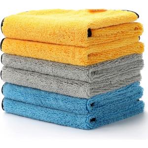 AstroAI Microfiber Towels for Cars, 6-Pack Absorbent and Reusable Microfiber Cleaning Cloth for Car/Domestic Cleaning, Yellow, Blue, Gray, 16″ x 16″
