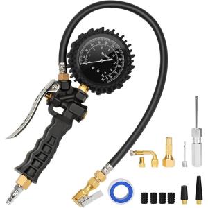 AstroAI Tire Pressure Gauge, Tire Inflator Gauge 230 PSI Heavy Duty with 360° Rotatable Dial and Air Chuck, Bike Presta Valve Adapter, 4 Valve Caps, Compatible with Bicycle/Truck/SUV/Motorcyle/RV