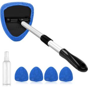 AstroAI Windshield Cleaner Tool, Car Interior Detailing Cleaning Kit with Extendable Handle and 4 Upgraded High-Density Reusable Microfiber Pads, Auto Glass Wiper Brush Kit for Cars, Blue, 15.9in-21in(Blue)