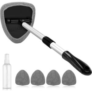 AstroAI Windshield Cleaner Tool, Car Interior Detailing Cleaning Kit with Extendable Handle and 4 Upgraded High-Density Reusable Microfiber Pads, Auto Glass Wiper Brush Kit for Cars, Blue, 15.9in-21in(Grey)