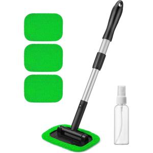 AstroAI Windshield Cleaner Tool, Microfiber Car Window Cleaner with 4 Reusable and Washable Microfiber Pads and Extendable Handle Auto Inside Glass Wiper Kit, Gray(Green)