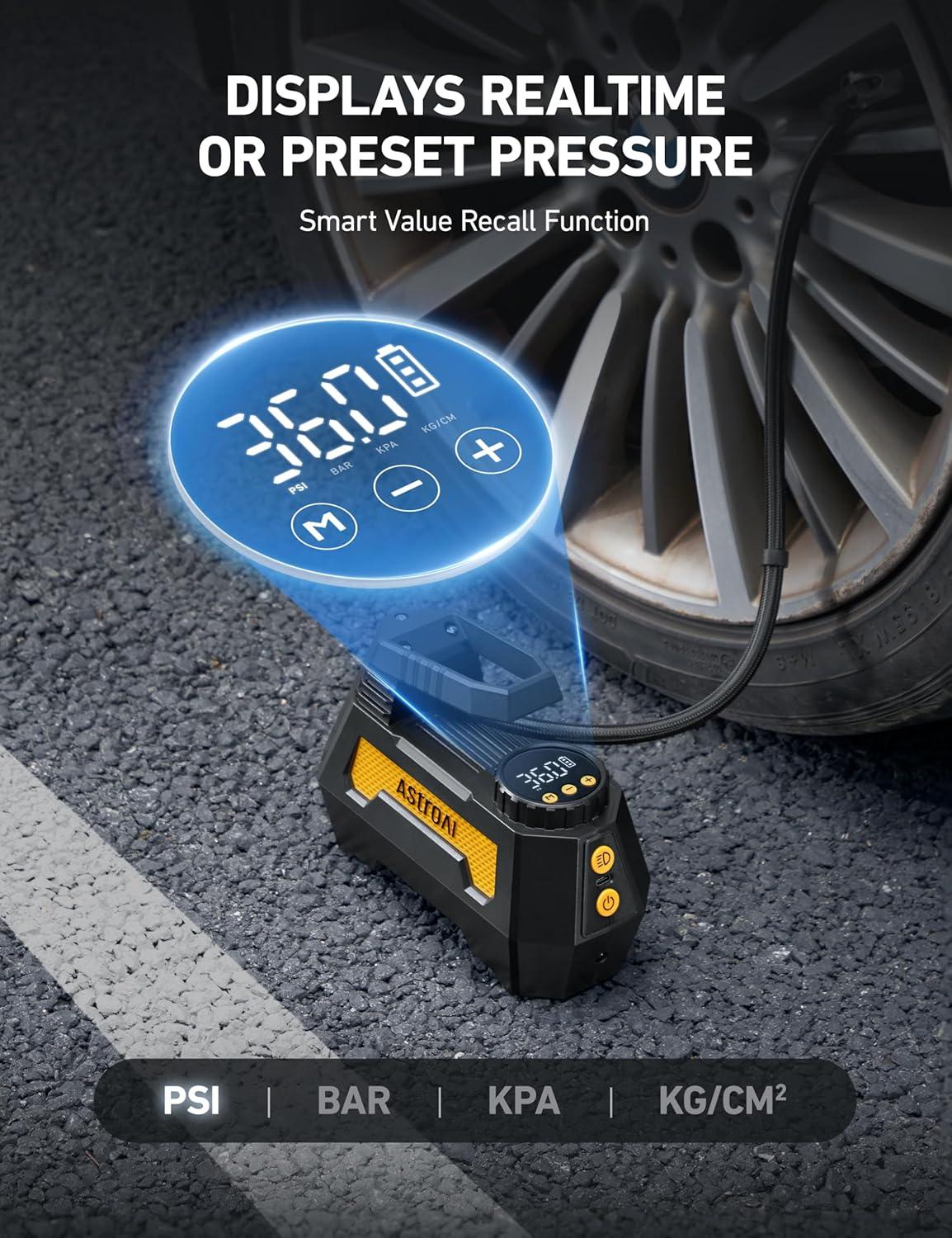 image:imageAstroAI H2 Pro Tire Inflator Portable Air Compressor Fully Upgraded Air Pump with DC 12VBattery Dual Power Supplies Digital Pressure Gauge Fast Inflation Pump for Cars Motorcycles Bikes Gift YellowYellow
