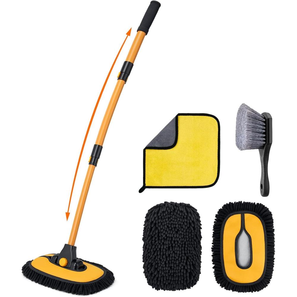 image:imageAstroAI 15Curved Car Wash Brush with 43 Long Handle and 90 Rotating Replaceable Brush Head Car Wash Kit with Microfiber Towel and Tire Brush for Car SUV RV Floor Cleaning BlueYellow