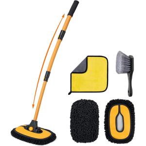 AstroAI 15°Curved Car Wash Brush with 43″ Long Handle and 90° Rotating Replaceable Brush Head, Car Wash Kit with Microfiber Towel and Tire Brush for Car, SUV, RV, Floor Cleaning, Blue(Yellow)
