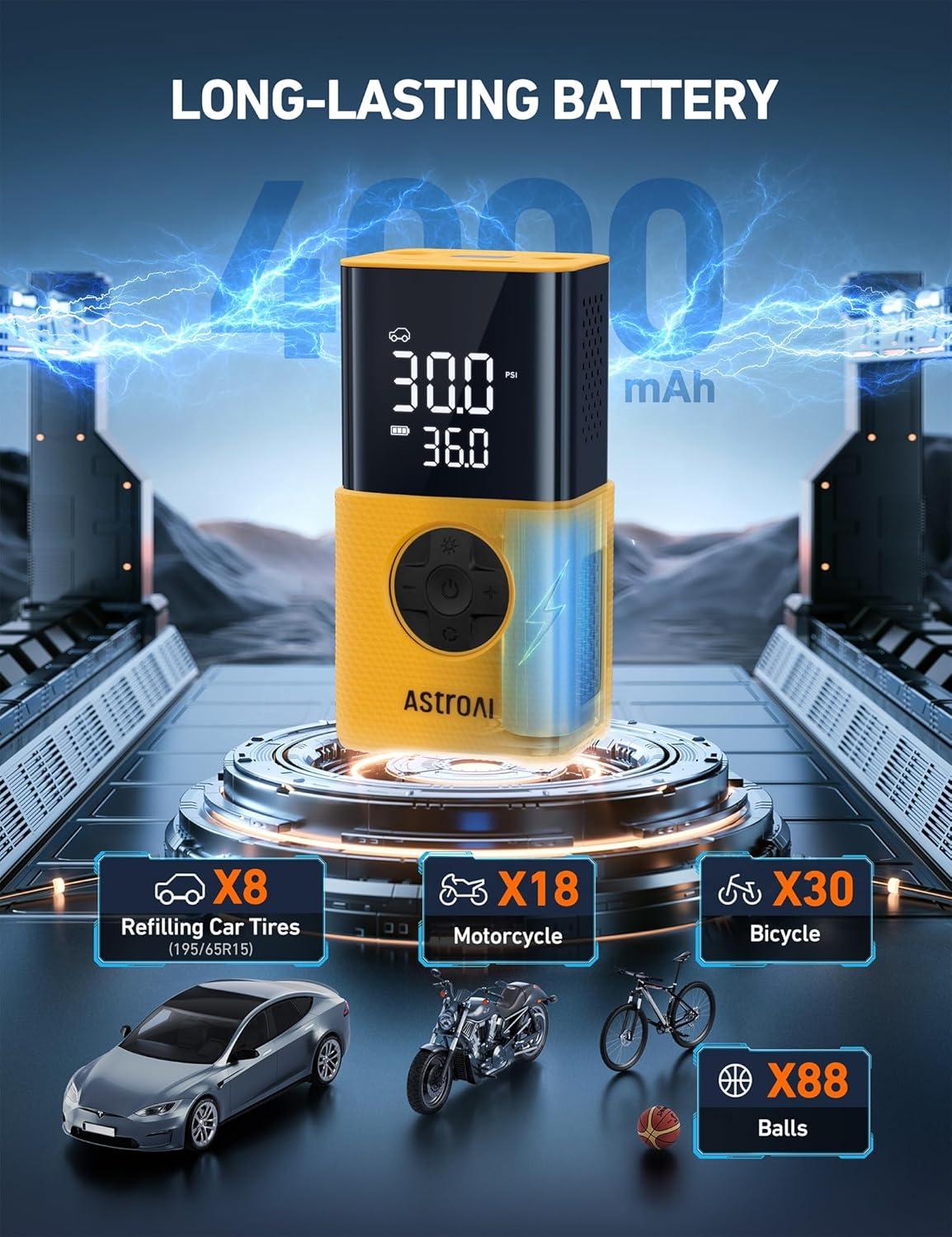 image:imageAstroAI Tire Inflator L7S Portable Air Compressor Cordless Bike Pump with Digital Dual Values Display 150 PSI Car Tires Pump with LED Lights Air Pump for Cars Motorcycles Bikes Balls BlueYellowSilicone