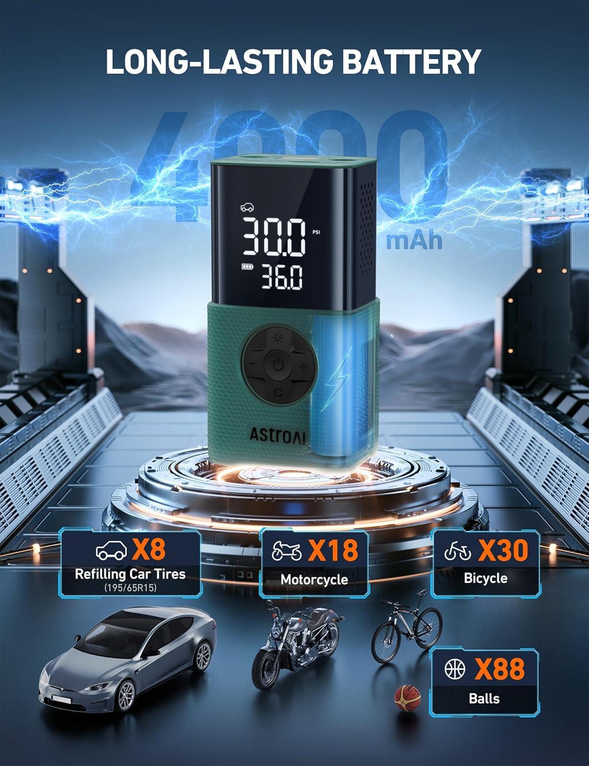 image:imageAstroAI Tire Inflator L7S Portable Air Compressor Cordless Bike Pump with Digital Dual Values Display 150 PSI Car Tires Pump with LED Lights Air Pump for Cars Motorcycles Bikes Balls BlueGreen