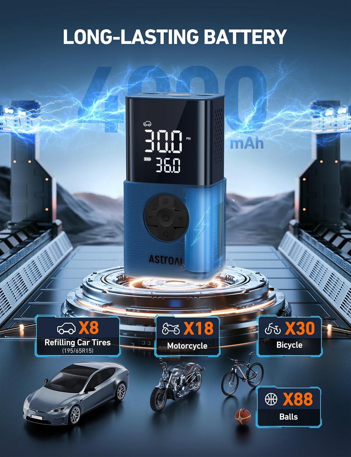 image:imageAstroAI Tire Inflator L7S Portable Air Compressor Cordless Bike Pump with Digital Dual Values Display 150 PSI Car Tires Pump with LED Lights Air Pump for Cars Motorcycles Bikes Balls BlueBlue