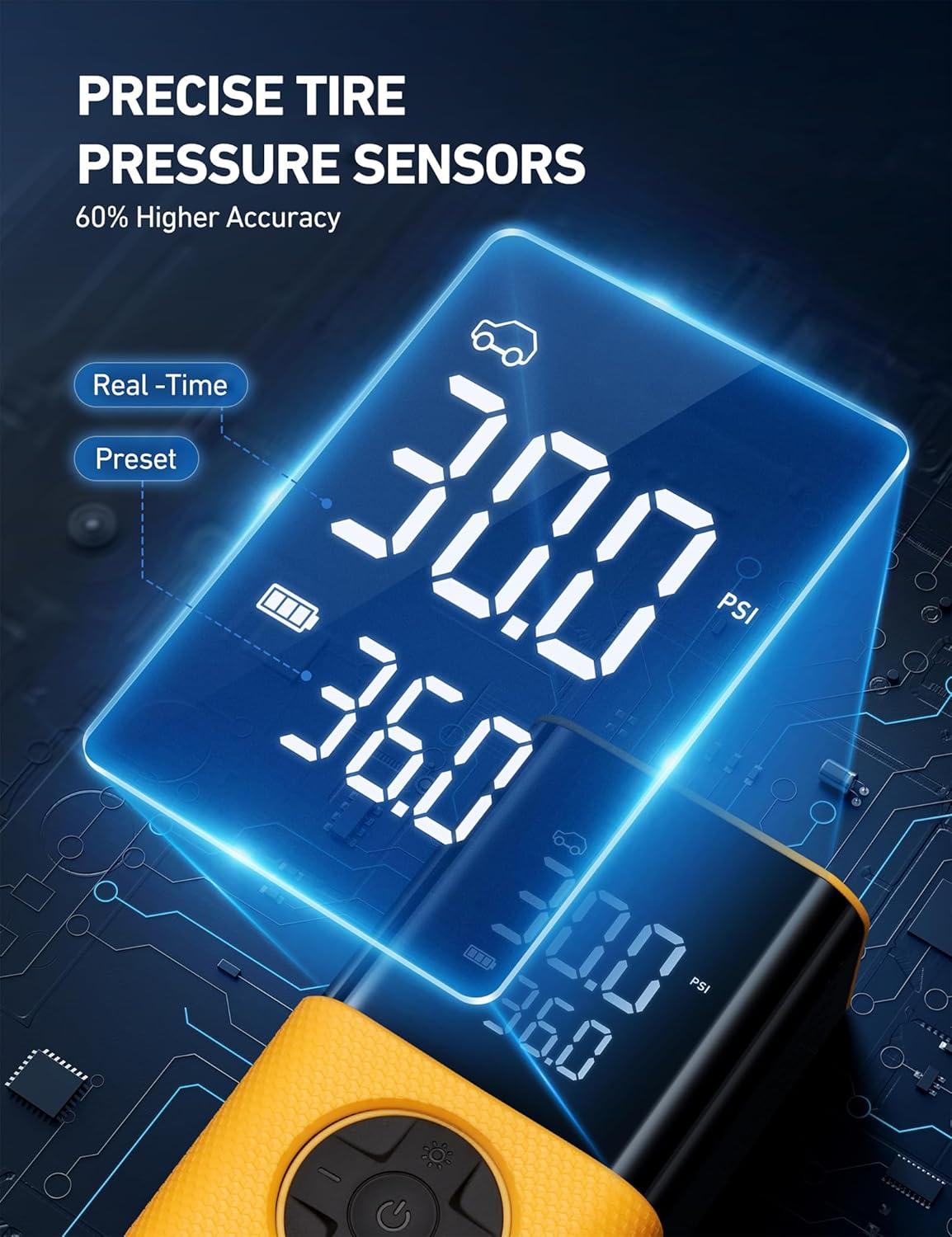 image:imageAstroAI Tire Inflator L7S Portable Air Compressor Cordless Bike Pump with Digital Dual Values Display 150 PSI Car Tires Pump with LED Lights Air Pump for Cars Motorcycles Bikes Balls BlueYellowSilicone