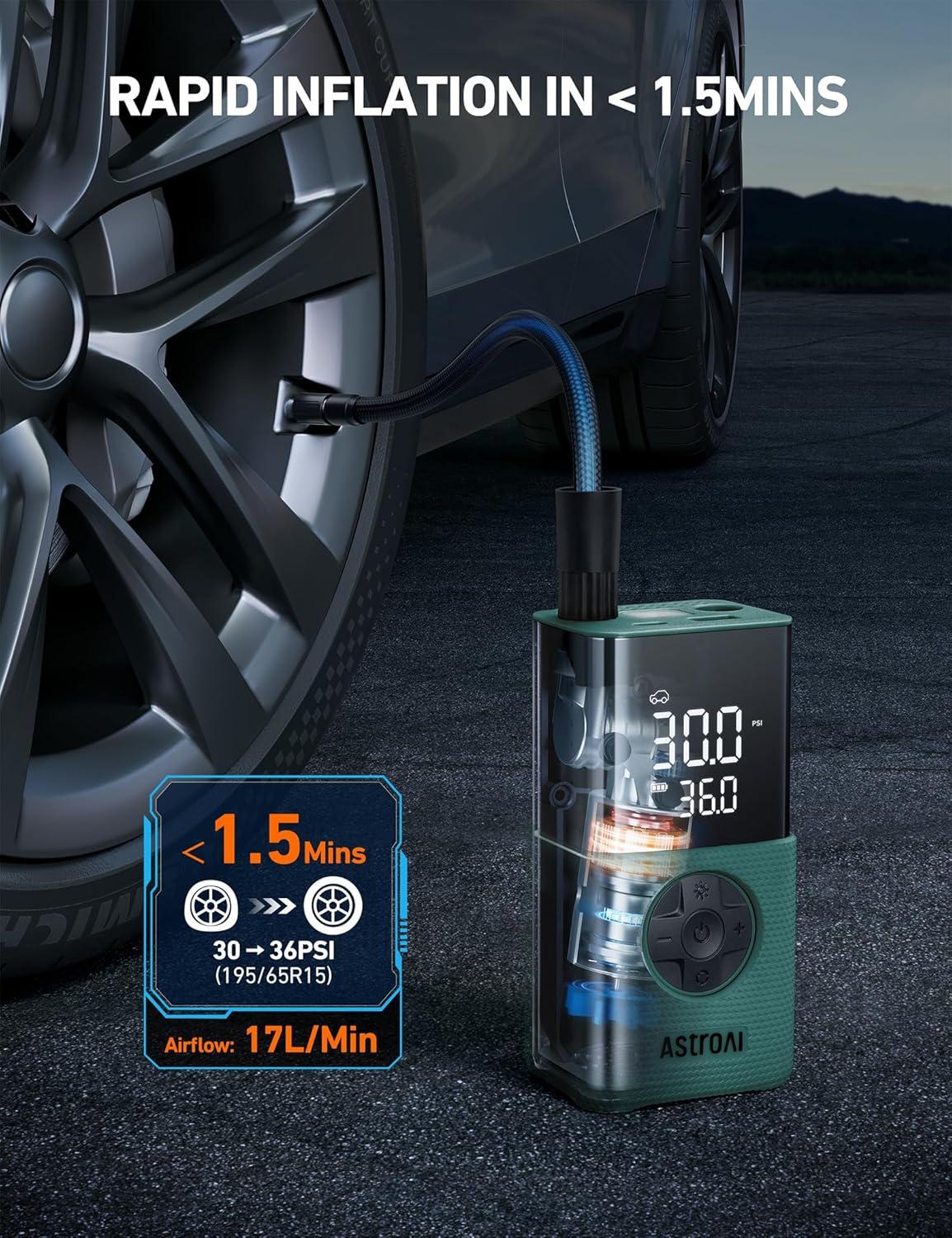 image:imageAstroAI Tire Inflator L7S Portable Air Compressor Cordless Bike Pump with Digital Dual Values Display 150 PSI Car Tires Pump with LED Lights Air Pump for Cars Motorcycles Bikes Balls BlueGreen